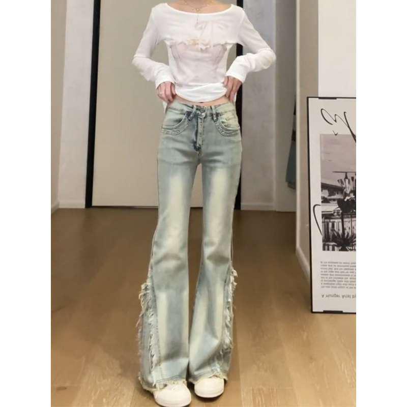 High-Waisted Retro Frayed Patchwork Flare Jeans S