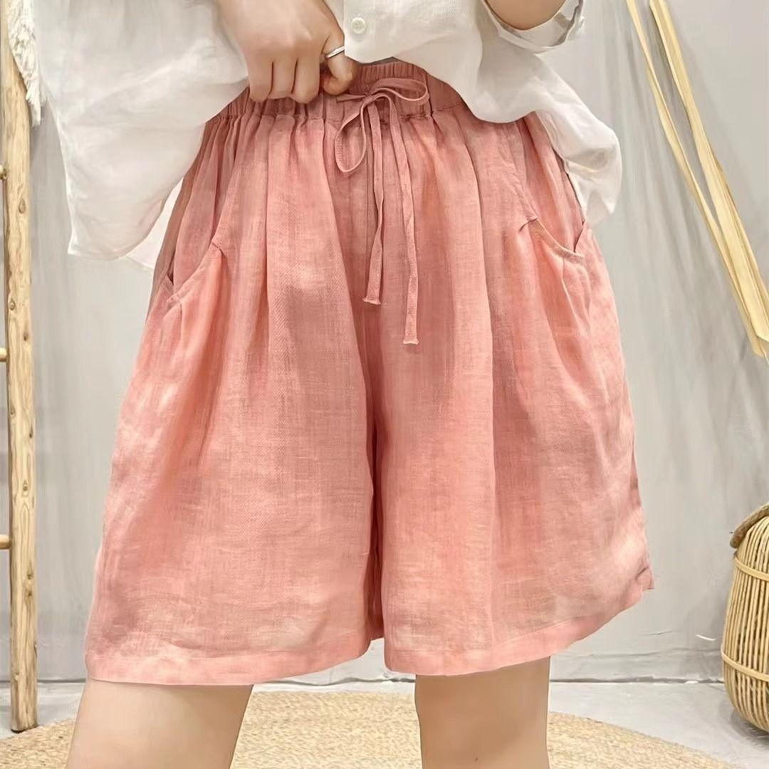 

women s Solid Color Drawstring Elastic Waist Cotton Linen Wide Leg Five Point Shorts Casual Loose Pocket Short Pants L рожевий