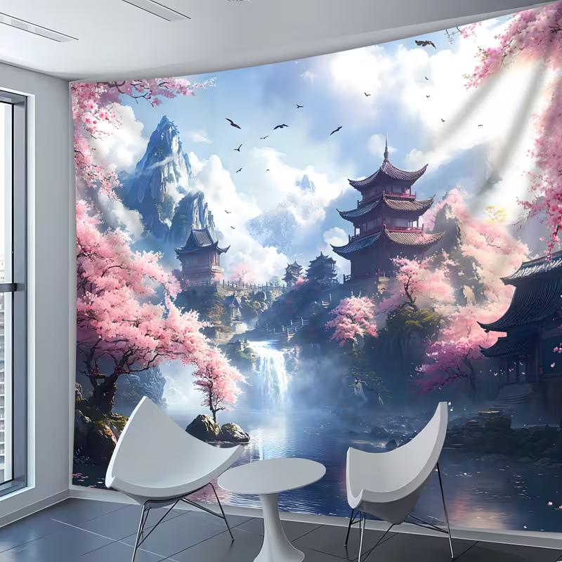 2D Japanese Waterfall Tapestry Cherry Blossoms and Ancient Temple Wall Hanging