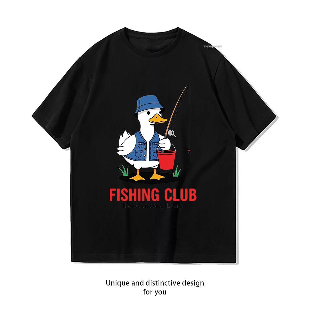 

Funny Duck Angler Cartoon Graphic Fishing Club Design Hobby Leisure Activity tshirt woman man Casual cotton printed t shirts S