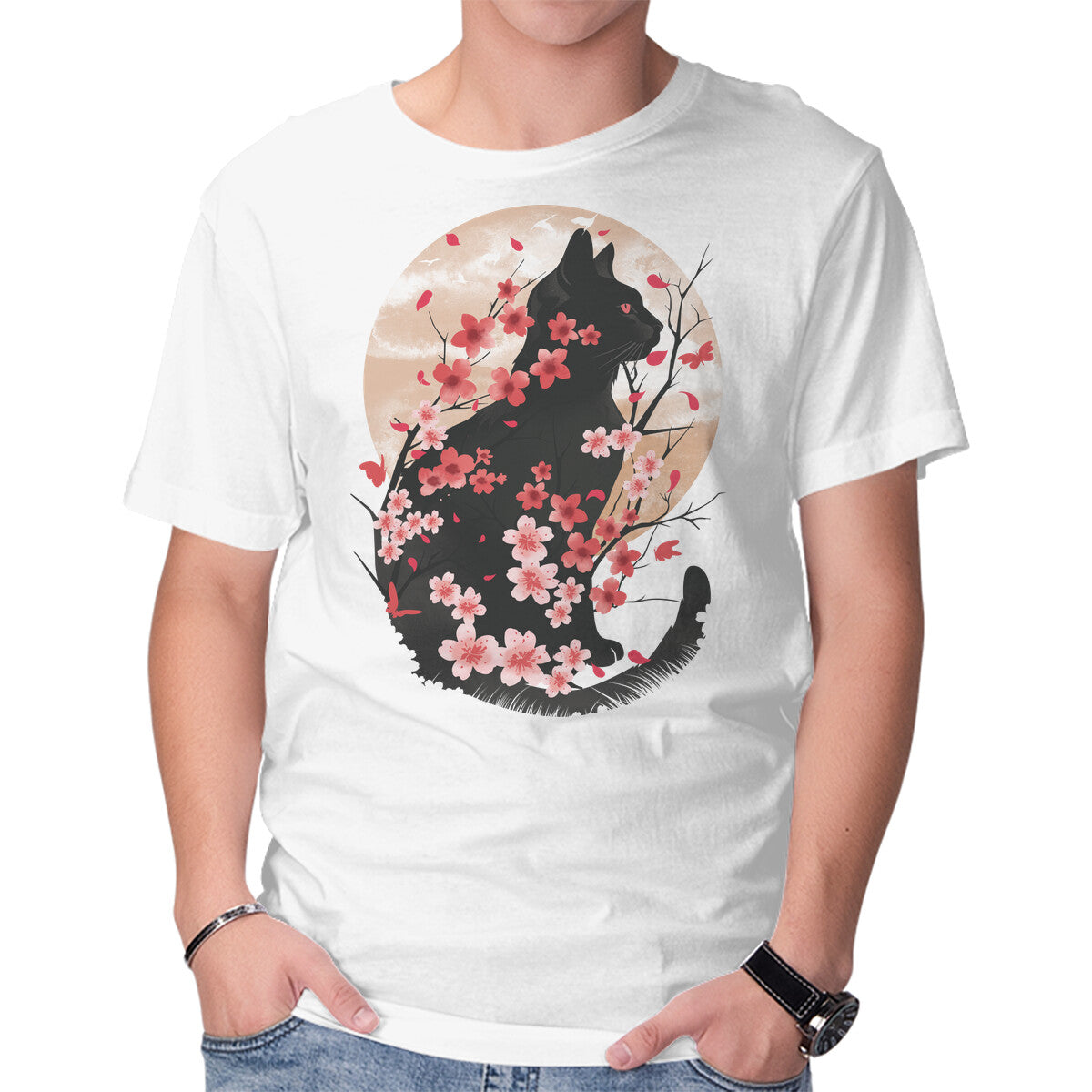 Unisex Crew Neck T-Shirt Black Sakura Graphic Short Sleeve Casual Tee L