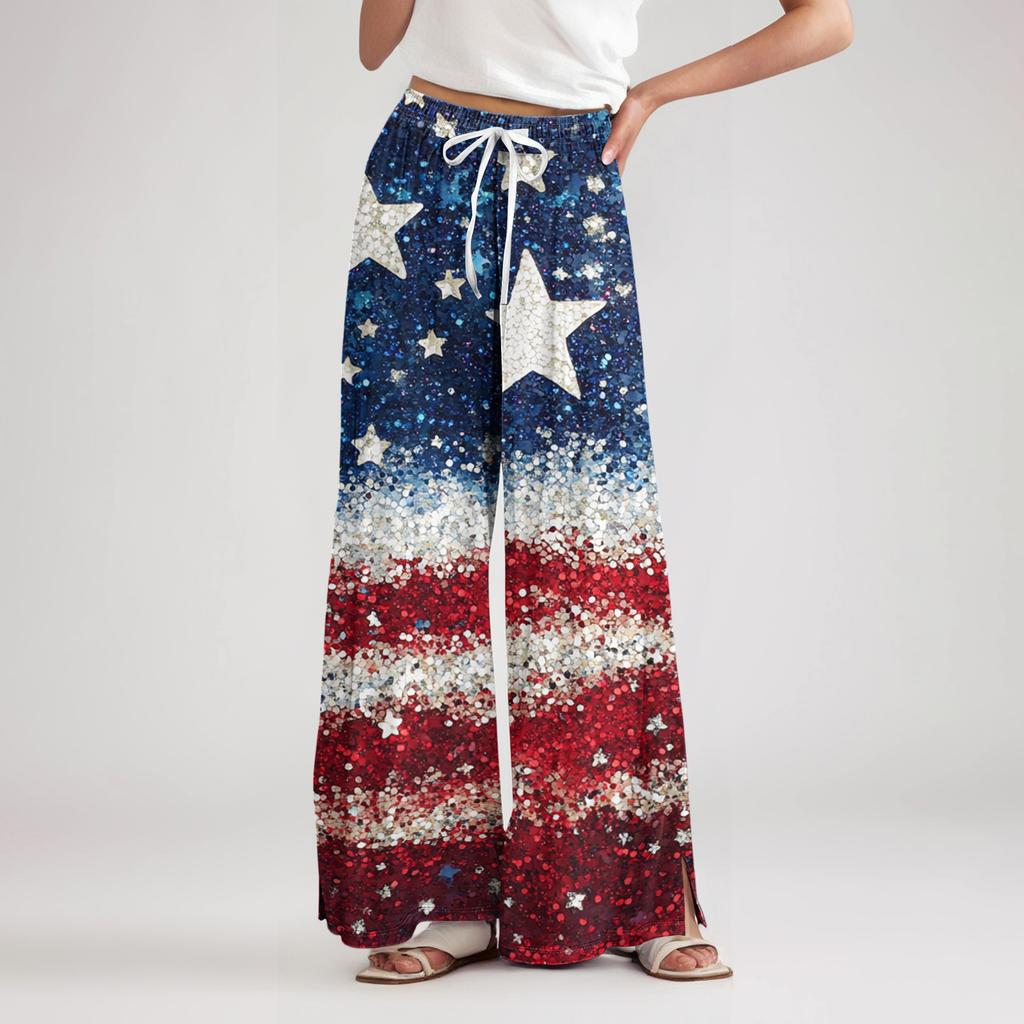 Ladies' loose casual independent day printed wide leg pants with elastic waist drawstring and pocket pants