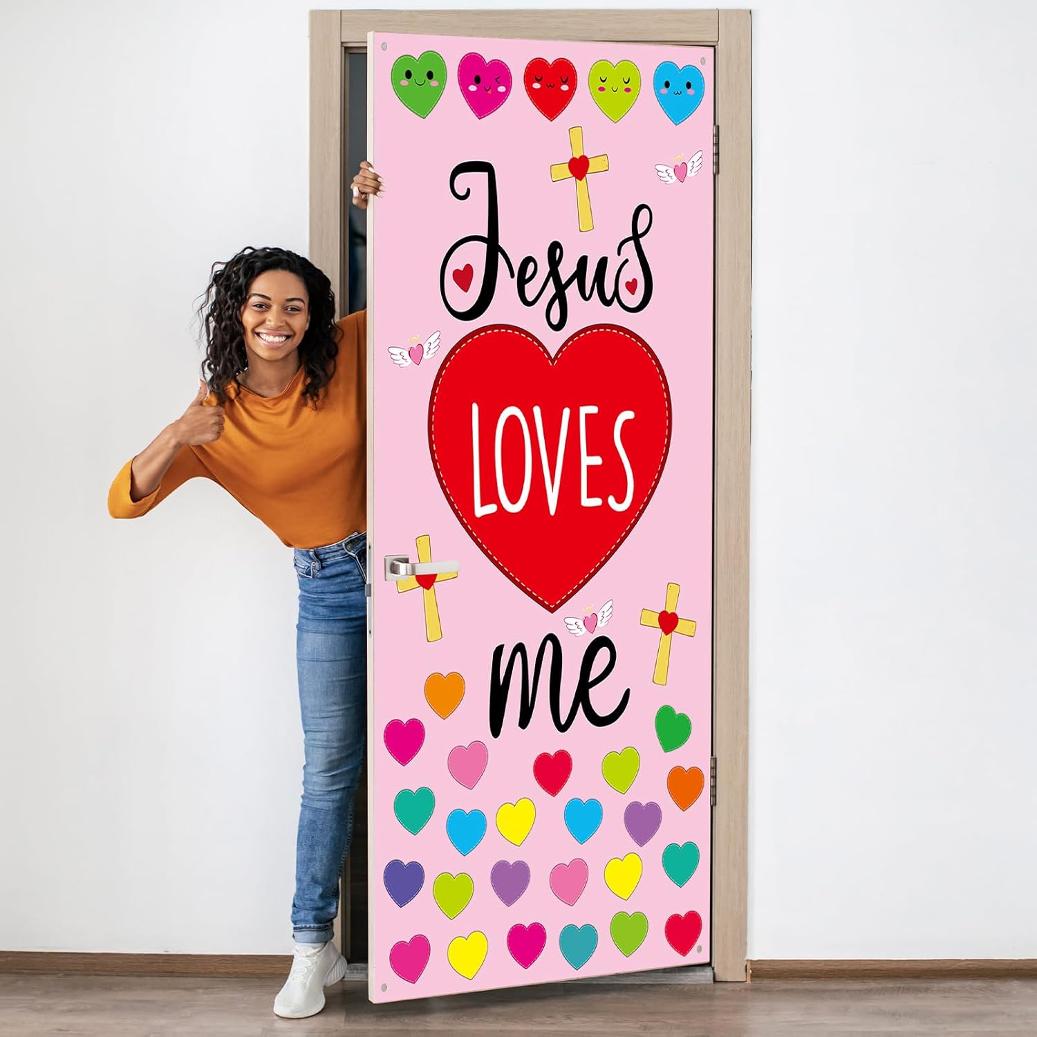 Valentine s Day Christian Door Cover Classroom Decoration Heart Love Christian Jesus Door Banner Religious Hanging Backdrop for Home New Year Xmas Jesus Loves Me