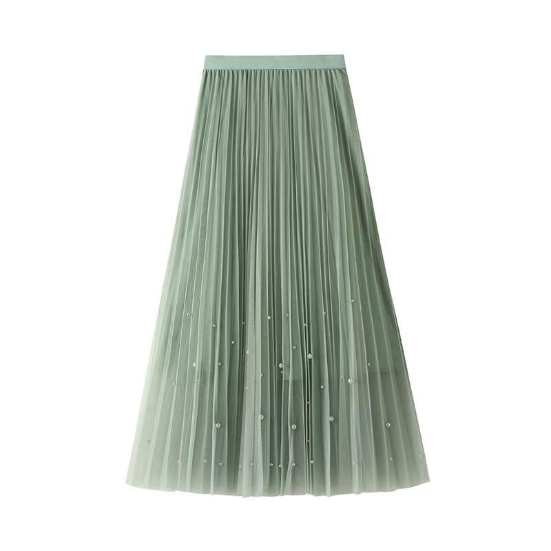 

Elegant High Waist Beaded Mesh Pleated A-Line Skirt for Women One Size