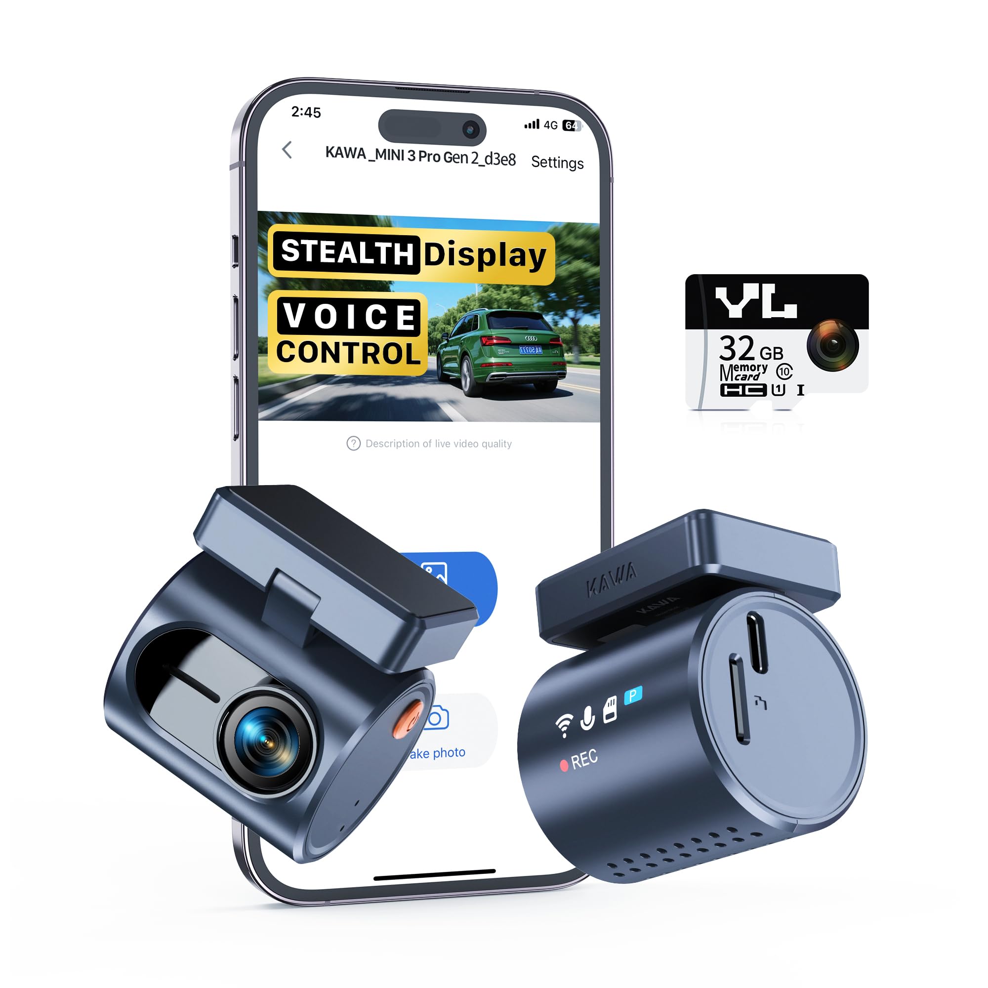 

KAWA 2K Compact Dash Cam with 32GB SD Voice App DNR Parking Screen Front Dash Cam G-Sensor, Card, Built-in Wi-Fi, 1296P, Recognition, Linkage, WDR/3D