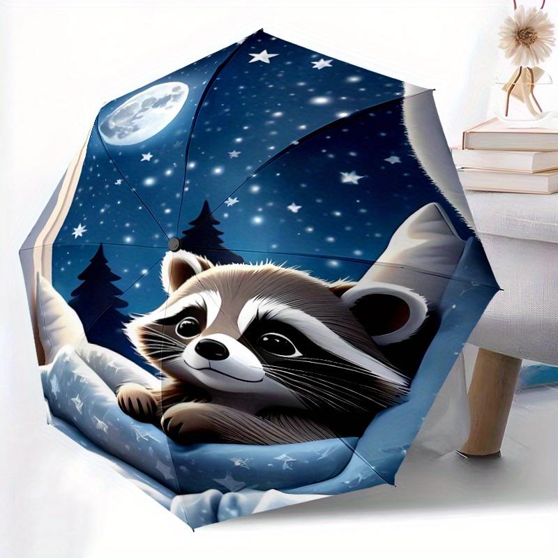 Raccoon Night Sky Stars Moon Window Theme Print Umbrella, Featuring Automatic Folding, And Shielding, It Has Eight Sturdy Ribs (as the picture,iron&8K)