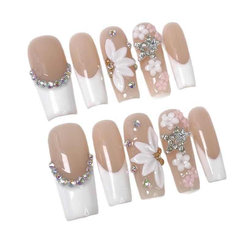 Sweet Style 3D Floral Embossed Long Press-On Nails Ice-Transparent French Tip Fake Women