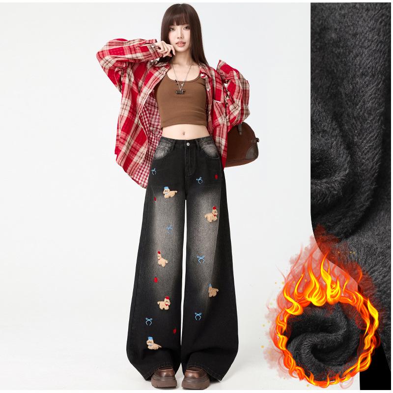 Women's Retro Puppy Embroidered Wide-Leg Jeans - Autumn Slimming Design
