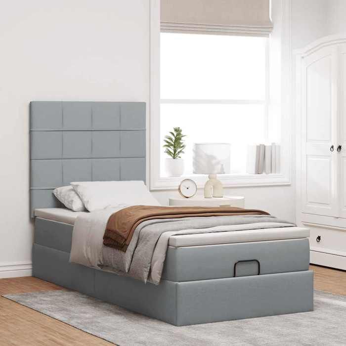 Cadre de lit avec matelas - 90x190 cm - Tissu gris clair - Rangement sous le lit - Mécanisme hydraulique