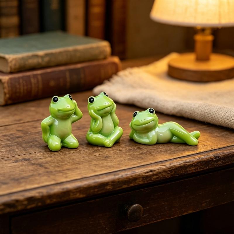Set of 3 Frogs Desk Decors Mini Resin Figurines with Playful Poses for Monitor Top Shelves Entryway Tables Styling or Car Dashboard Display