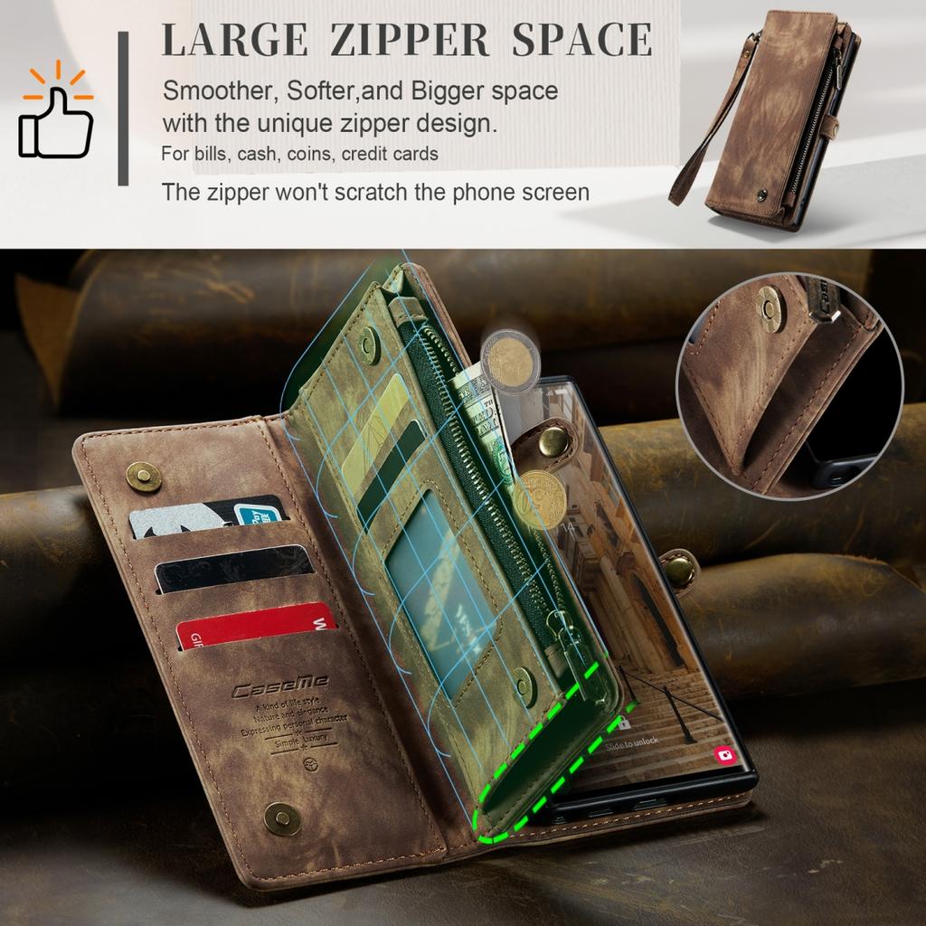 For Samsung Galaxy Case Leather Material with Large Hidden Card Slots and Shockproof Protection, 2-in-1 Design, Zipper Closure