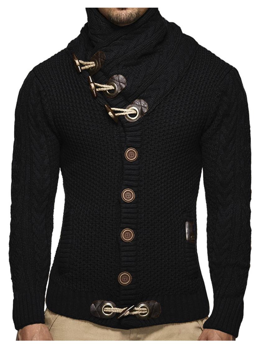 

Мужской узкий вязаный кардиган европейского размера с высоким воротником, роговыми пуговицами и воротником-шарфом на осень и зиму XL чёрный