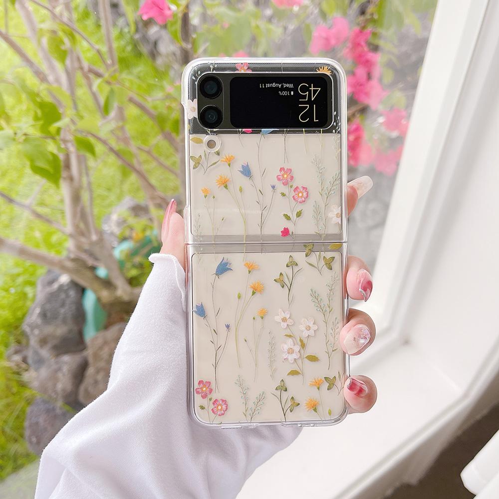 Woman Cute Flowers Cartoon Floral Phone Case For Samsung Galaxy Z Flip 4 3 5g Transparent Hard Pc Slim Cover