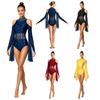 Womens Lyrical Dance Leotard Cold Shoulder Long Sleeves Sheer Mesh Waist One Piece Bodysuit Dancewear
