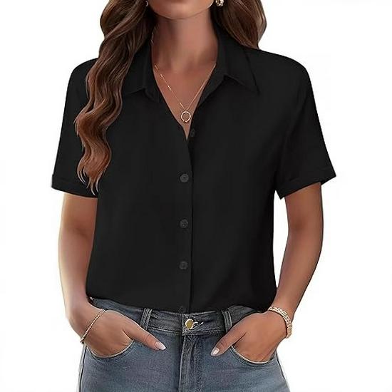 Women s Retro Slim Solid Color Lapel Short Sleeve Shirt for Spring/Summer 2026 S чёрный