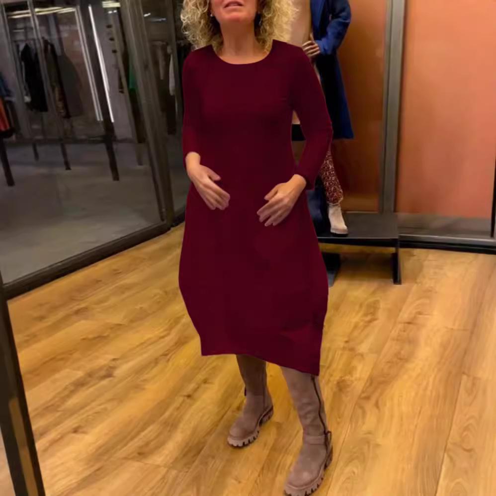 Versatile Solid Color Round Neck Long-Sleeve Dress for Women - Autumn/Winter Collection