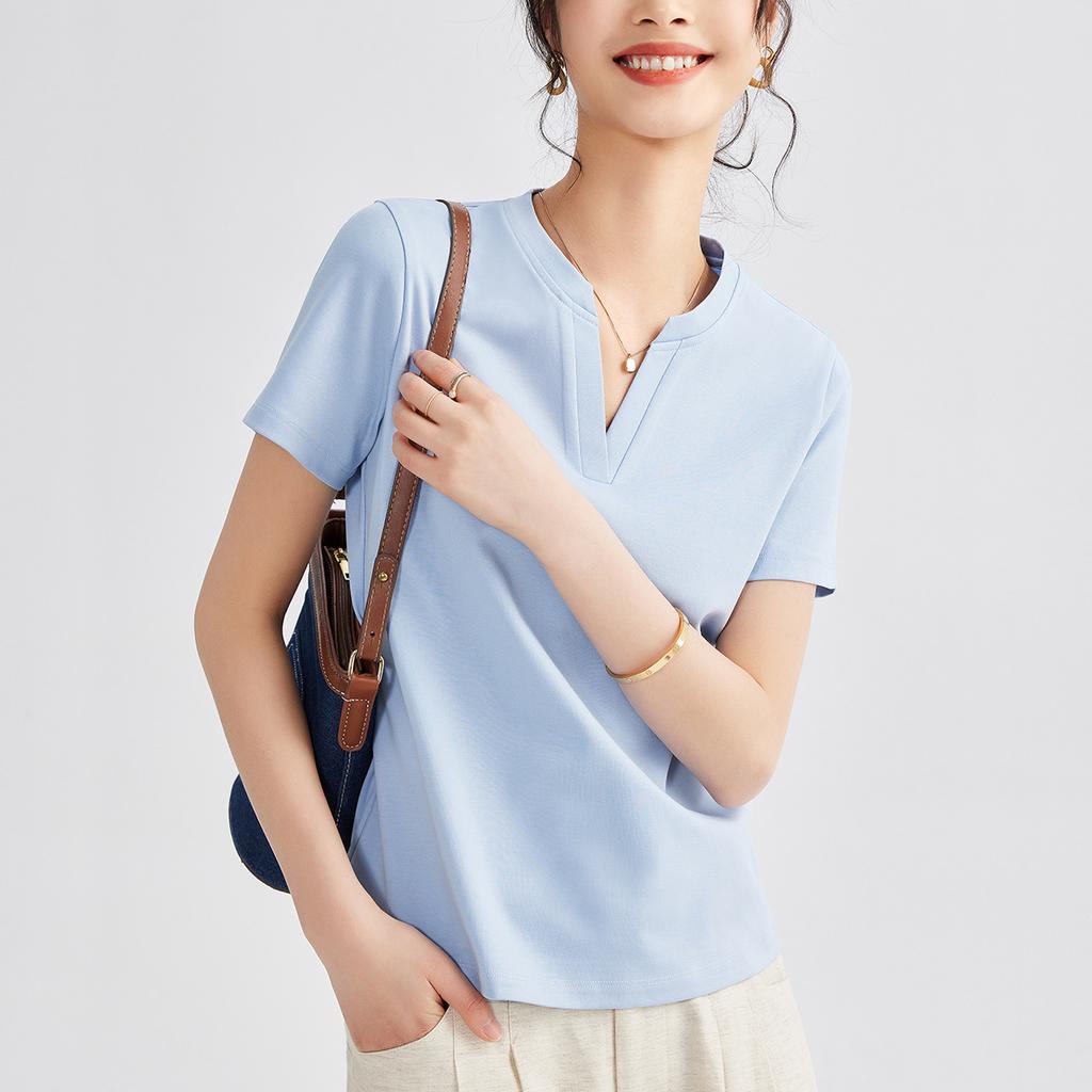Women's Summer Design Sense Short Sleeved Shoulder Fitted V Neck Solid Color Top