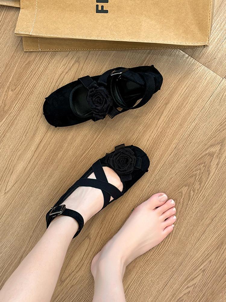 Sheepskin new Chinese retro leather flower ballet shoes women's inner height increase French shallow mouth single shoes women's Mary Jane shoes