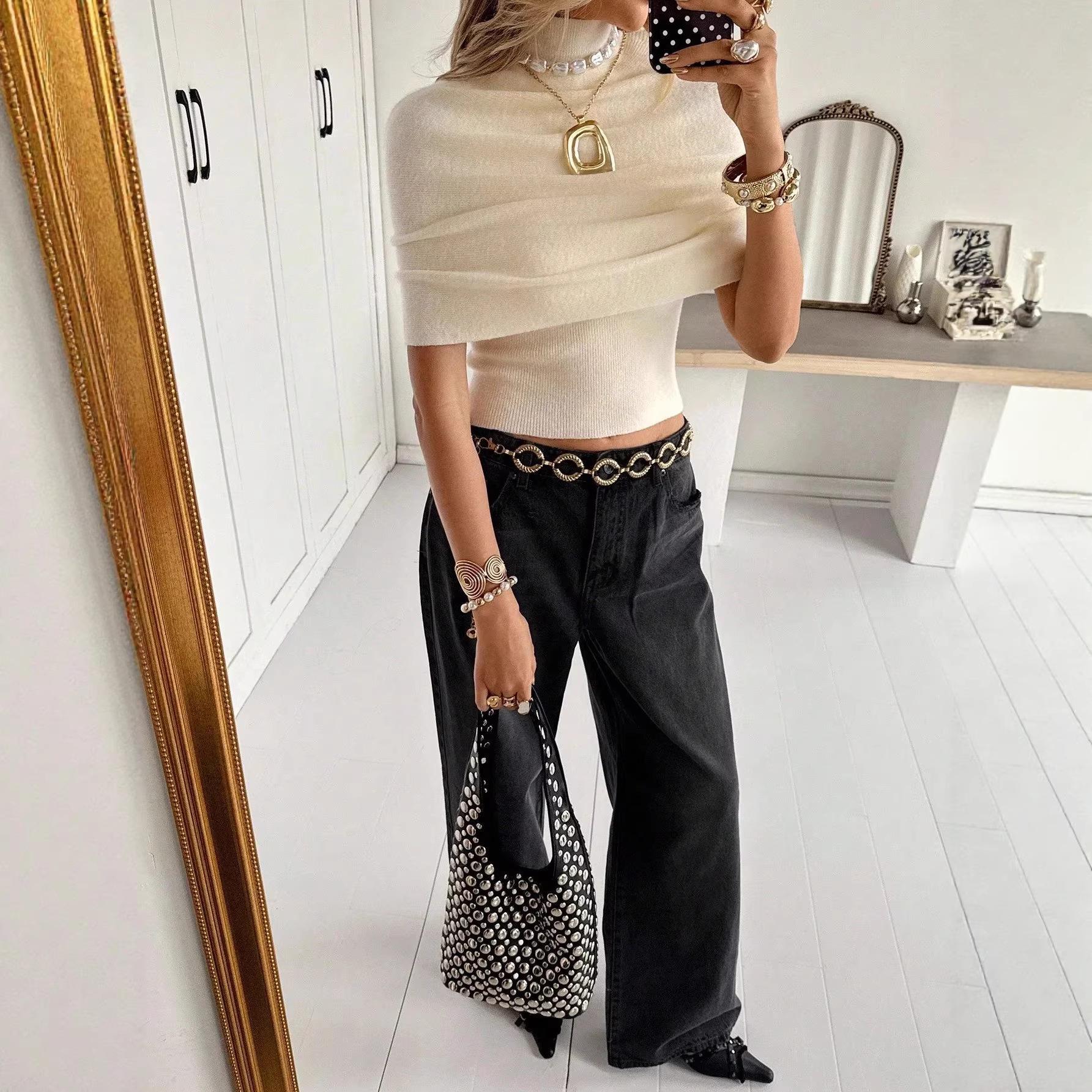 

Women s 2025 Autumn Light-Colored Cape Knit Sweater & T-Shirt Two-Piece Set XL хаки