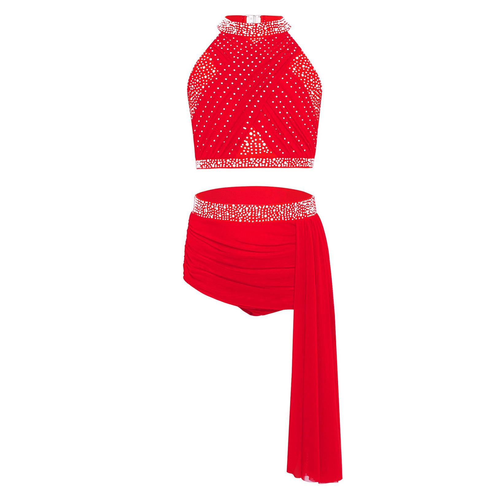 

Girls Two Piece Dance Costume Shiny Rhinestones Halter Crop Top and Strappy Back Mesh Overlay Skirt 5-6 Years