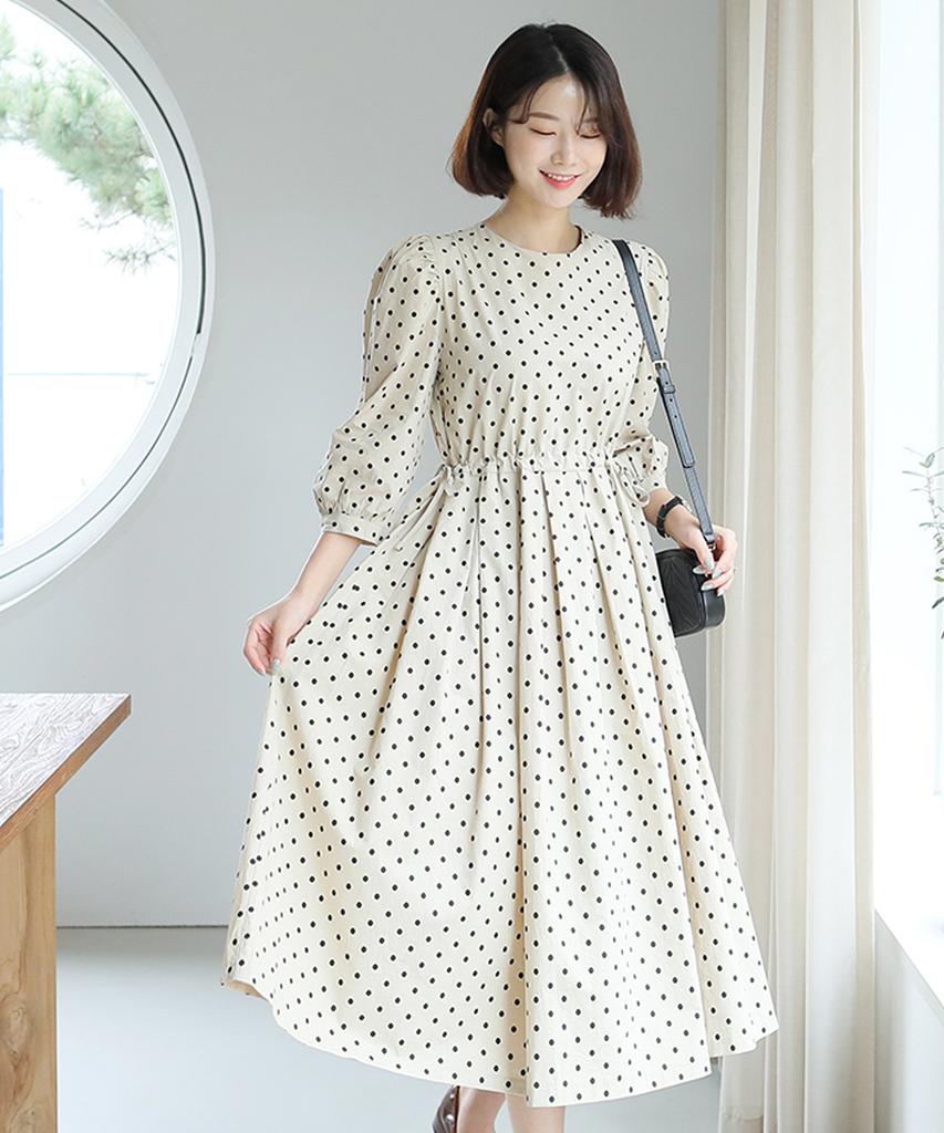 Ppaeppae Waist Ribbon String Dot Long Dress
