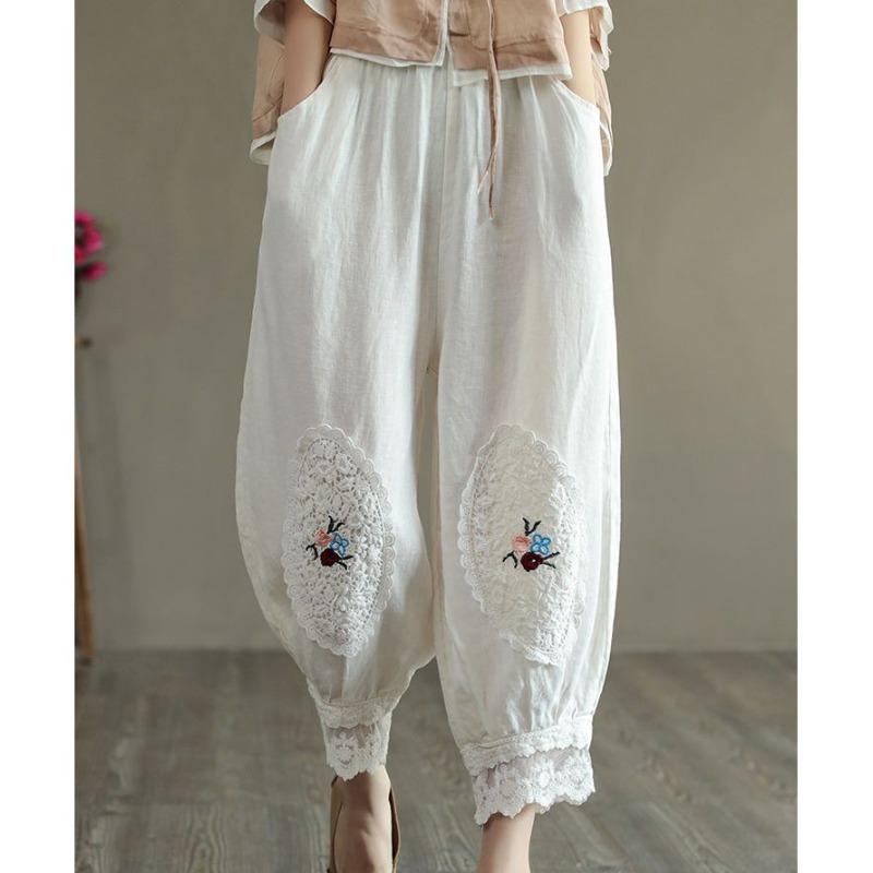 Damskie spodnie na co dzień z bawełny i lnu w stylu vintage, luźne dziewięciopunktowe haftowane koronkowe spodnie haremowe