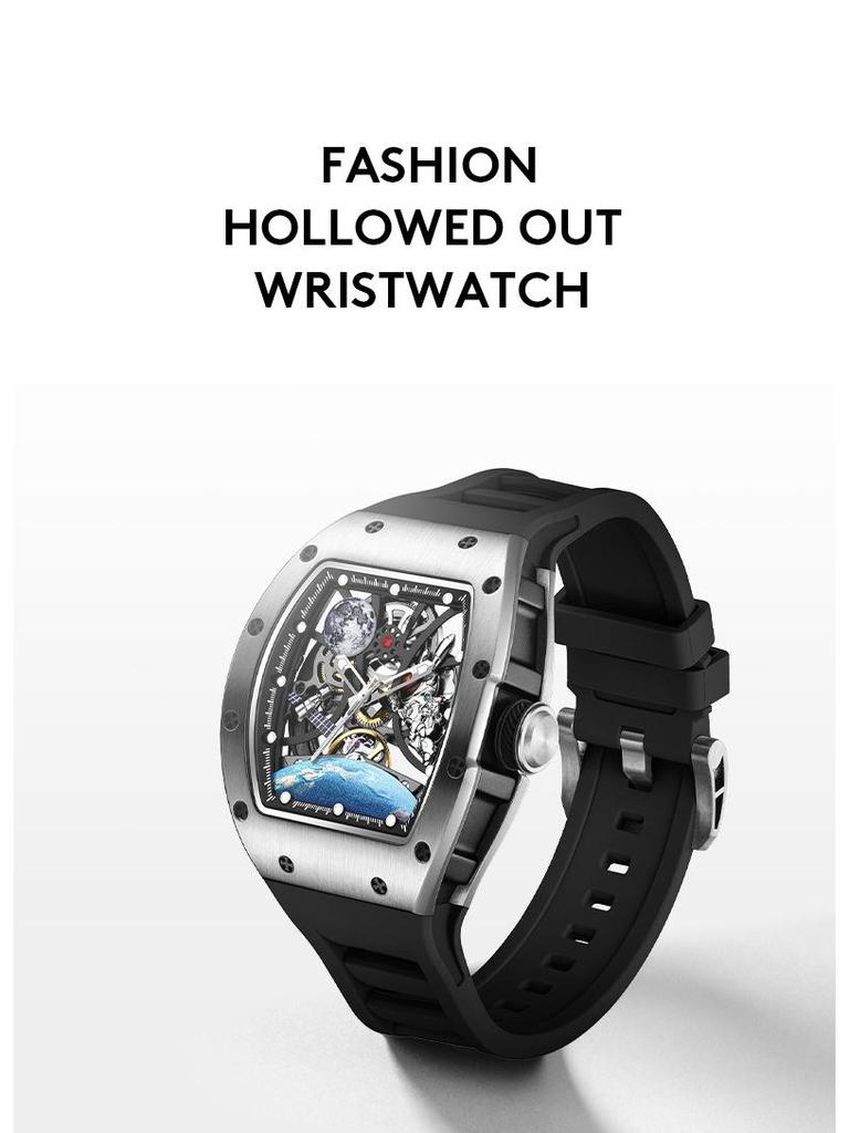 Brand Men's Tonneau-Shaped Mechanical Watch with Pin Buckle