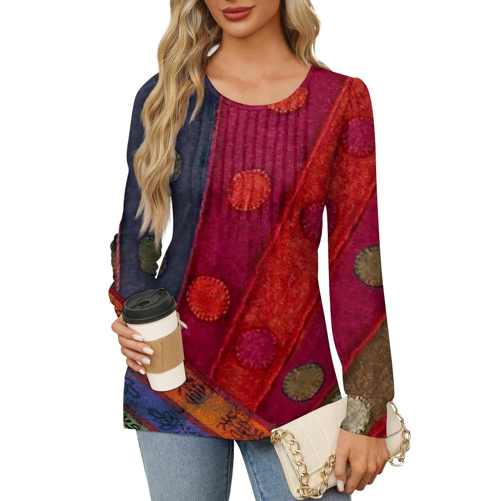 Женская повседневная плиссированная футболка с круглым вырезом и длинными рукавами — фото 8