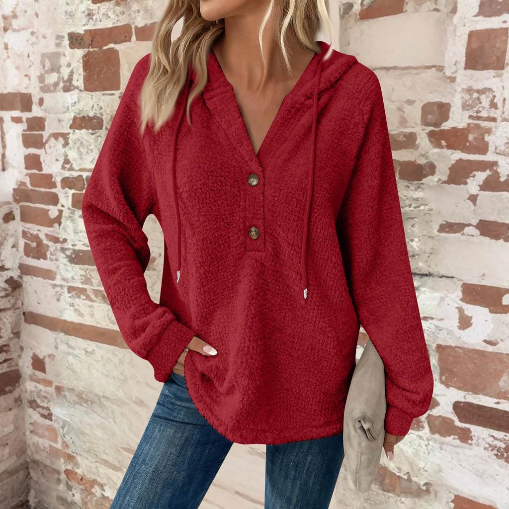 Women's Fashion Long-Sleeved Drawstring Button-Up V-Neck Casual Fleece-Lined Solid-Colour Hooded Sweatshirt Top