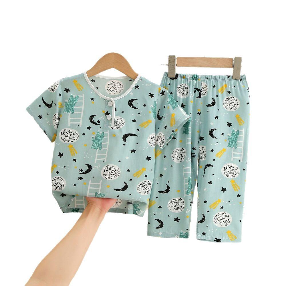 Summer Little Boy Thin Loungewear Suit Summer Children'S Cotton And Silk Pajamas Boys And Girls Short-Sleeved Trousers Cotton Silk