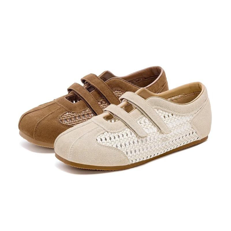 French Vintage Fashion Magic Tape Ballet Deux Shoes Women's Casual Flat Hollow out Slip-On Summer New Style EVA Insole Rubber So