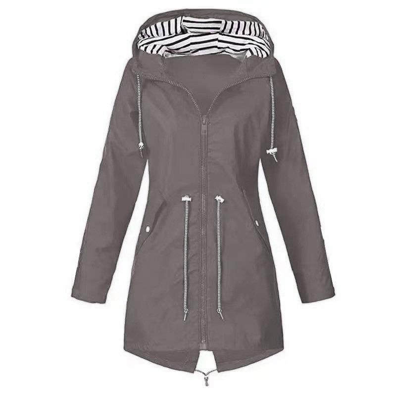 Red Waterproof Hooded Jacket Women Fashion Casual Coat Waist Drawstring Tie Zipper Switch Blue Green Yellow Black Windbreaker