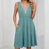 Women's Spring and Summer Solid Color V-neck Lace Stitching Waist Dress Without Cuff Bag