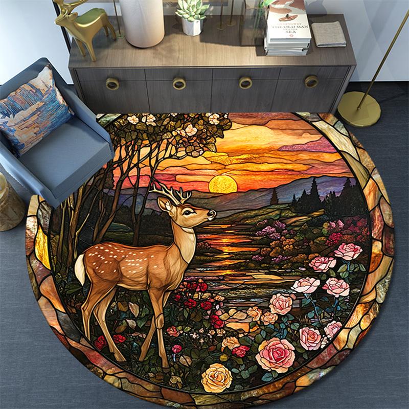 Deer Sunset Round Area Rug,Carpet Rug for Living Room Bedroom Sofa Playroom Decor,Non-slip Floor Mat