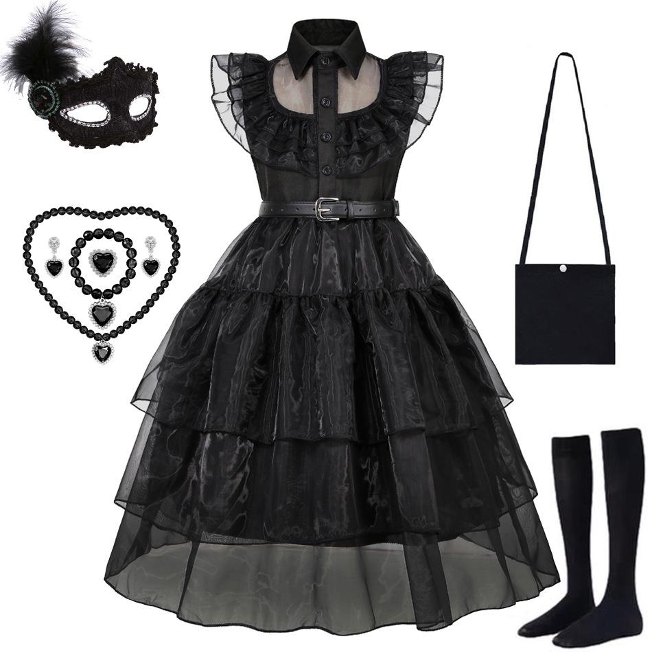 Abito da sera in rete da ragazza per cosplay della Famiglia Addams di Mercoledì con accessori (Taglia unica)