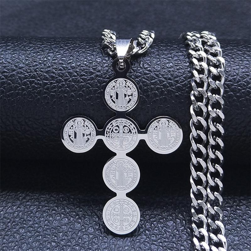 Fashion Stainless Steel Cross Necklace for Women Men Saint Benedict Gold Color Necklaces Jewelry Gifts Collar Cruz N3450S05