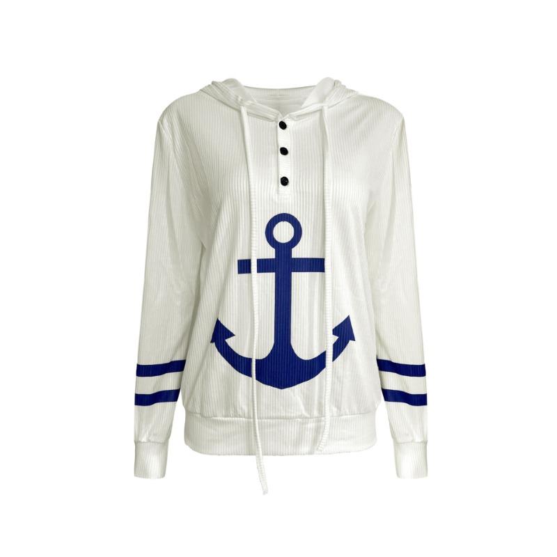 V Neck Long Sleeve Hooded Sweatshirt Casual Women Cartoon Print Button Pullover