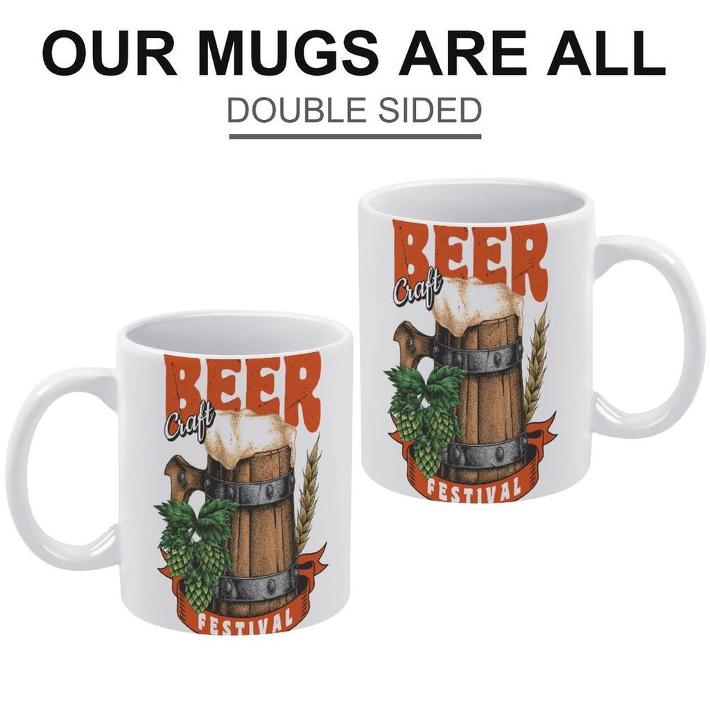 1pc 11oz White Ceramic Mug with Double-Sided Beer Lover Design, Daily Coffee Cup, Perfect Simple Gift Idea