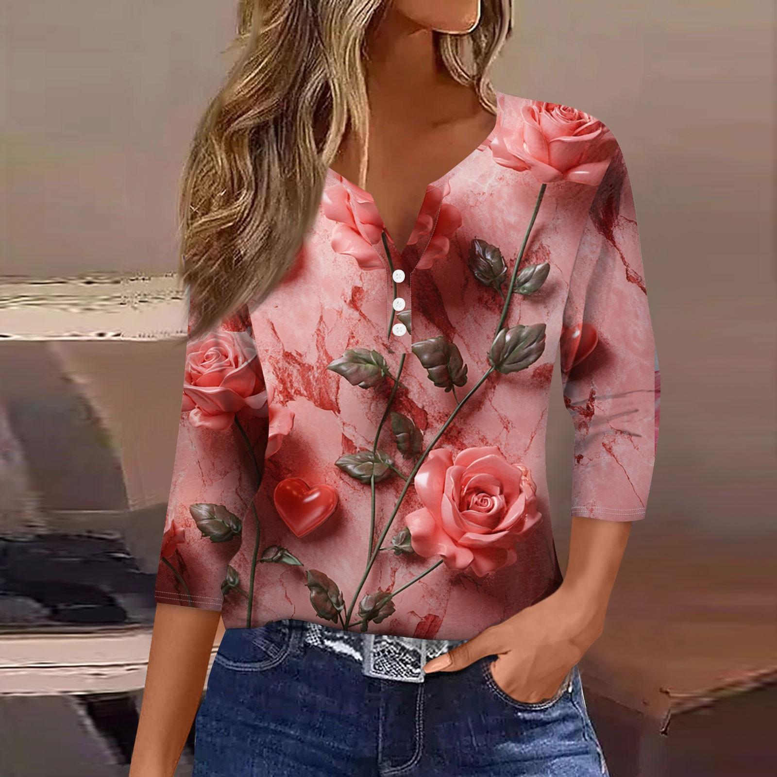 

Женская повседневная футболка с пуговицами, V-образным вырезом, семью рукавами и принтом ко Дню святого Валентина XXL