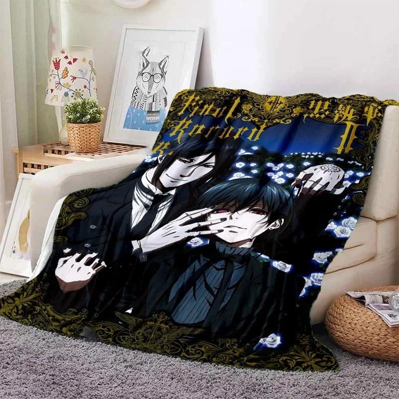 Cartoon Black Butler Flannel Thin Blanket Animated Demon Butler Pattern Decorative Blanket Portable Home Travel Office Blanket 75x90cm