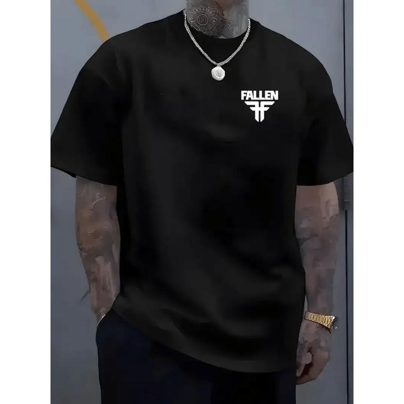 

European sizes Men S Casual Summer Graphic T-Shirt - Short Sleeve, Round Neck, Black with White FALLEN Print, Lightweight Polyester Blend 4XL чорний
