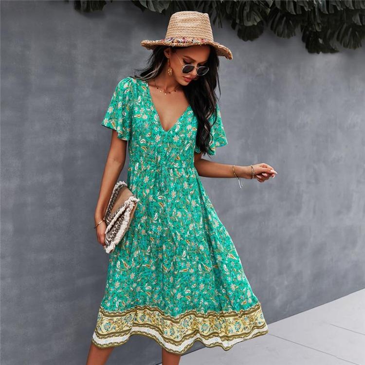 Women Dress Short Sleeve High Waist Spring Summer Bohemian Print V Neck S-XL