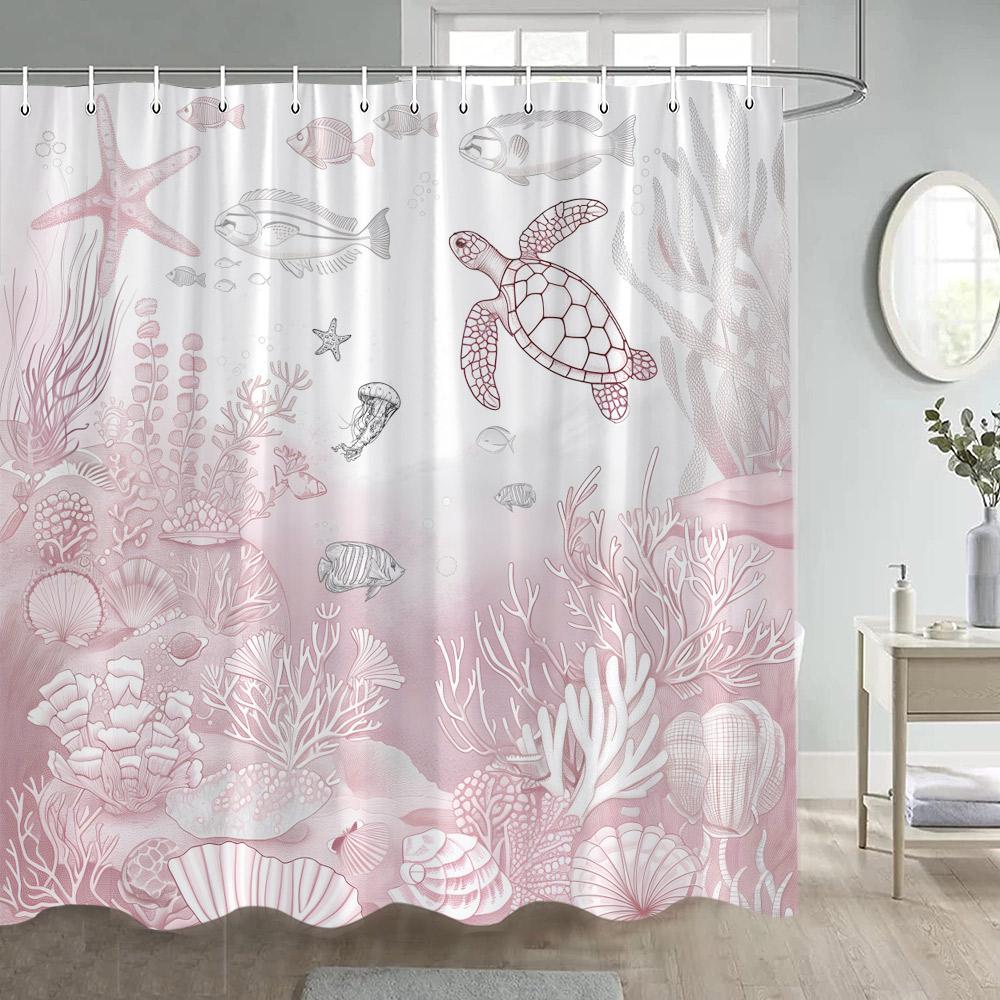 Rosa Nautischer Duschvorhang Meeresschildkröte Meeresbewohner Koralle Unterwasser Sommer Modern Polyester Duschvorhang Mit Haken Heimdekoration