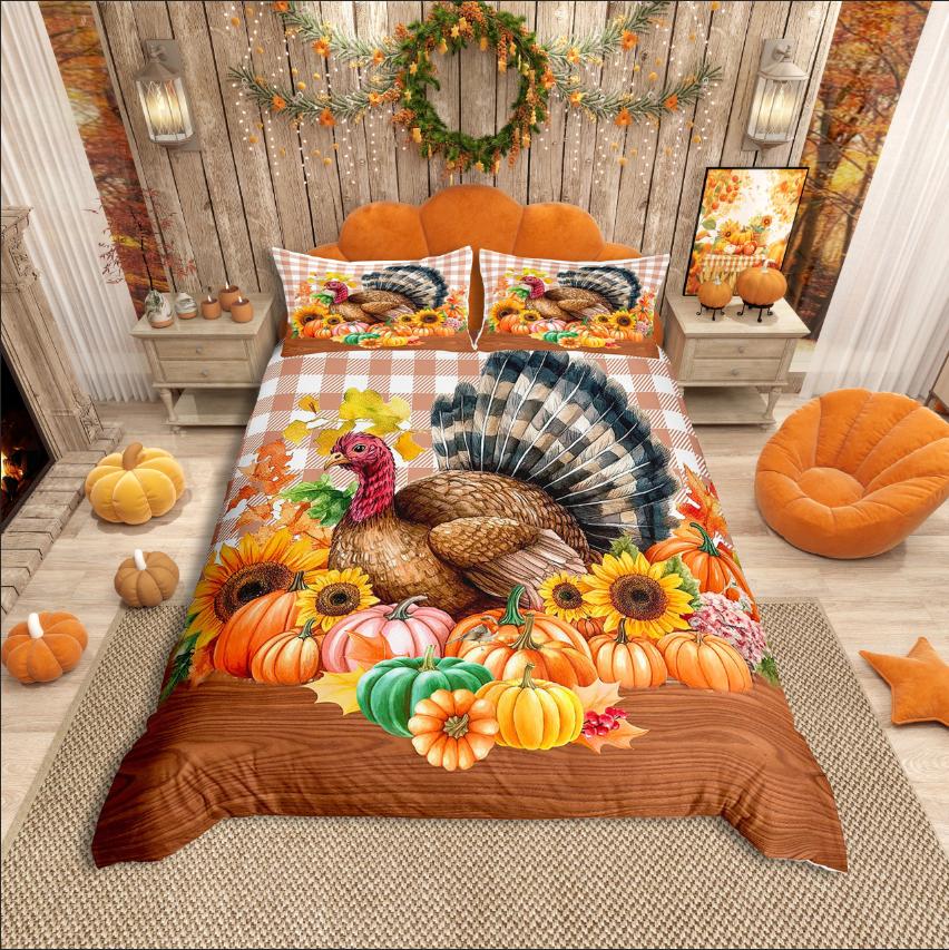 Homewish Thanksgiving Day Duvet Cover SetKawaii Gnome Bedding SetAutumn Harvest Pumpkin Comforter Cover Set