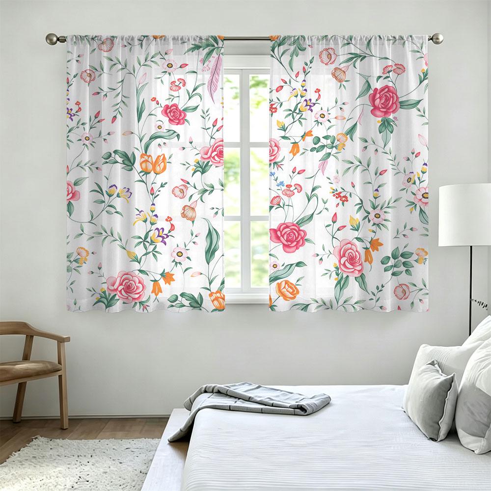 2Pcs Rod Pocket Curtain Light Block Privacy Drape Living Bedroom Multicolor Vintage Floral Print Window Curtain For Home Deco