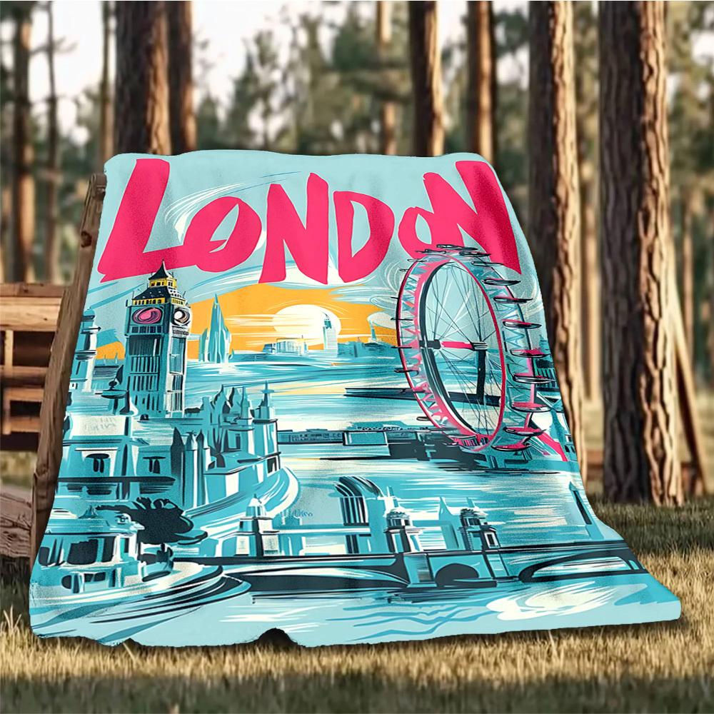 1pc London Landmarks Throw Blanket Polyester Fiber, Lightweight Flannel, Soft & Warm, All Season Use for Outdoor, Camping
