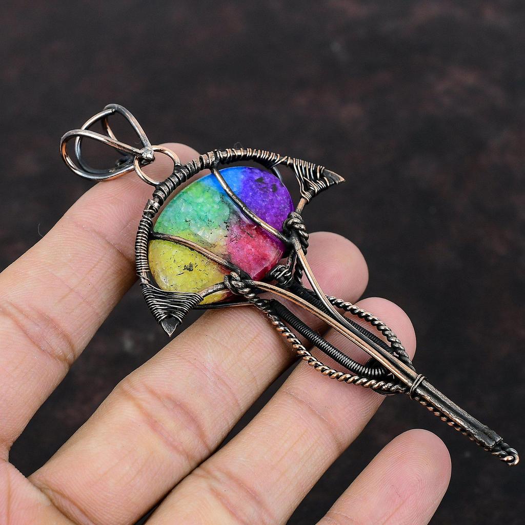 Rainbow Solar Quartz Druzy Pendant Copper Wire Wrapped Gemstone Pendant Handmade Brand New Pendant Gift For Him Unique Copper Design Jewelry