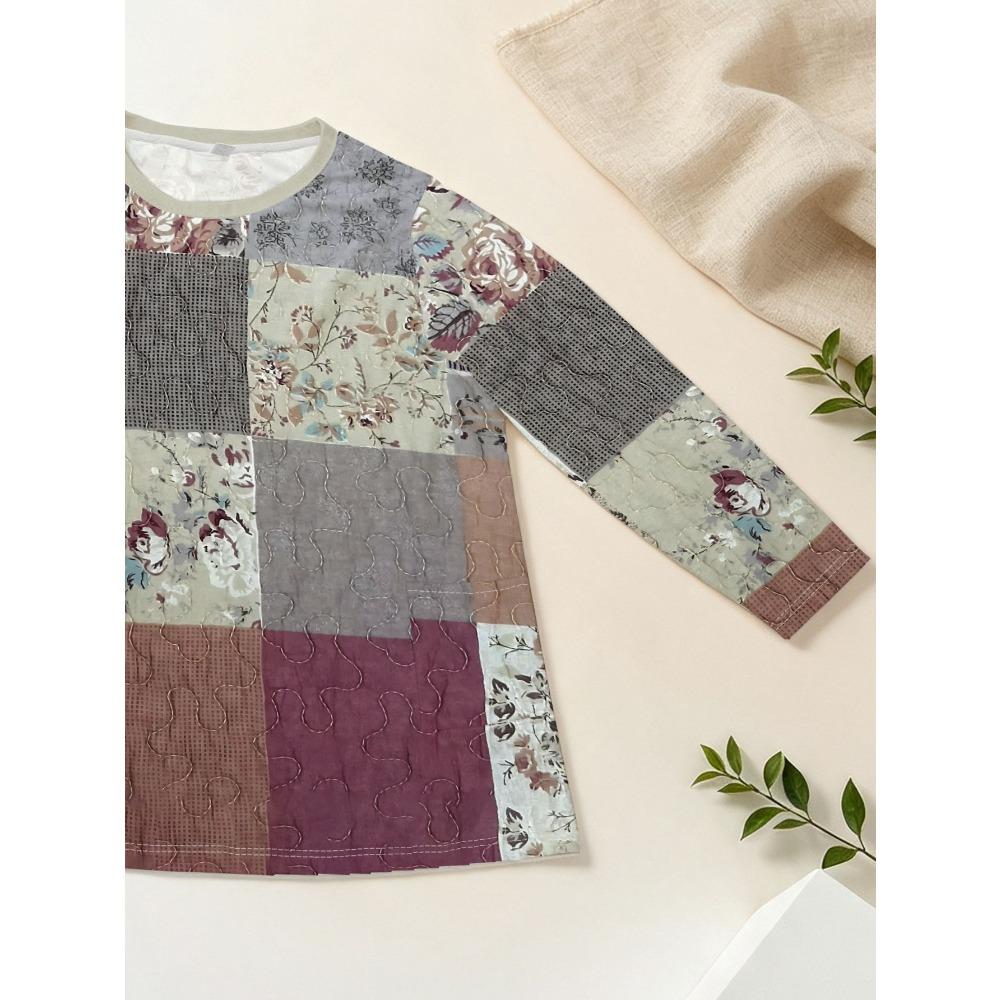 Women's plus size with pocket design retro splicing floral long-sleeved T-shirt, loose and thin casual top