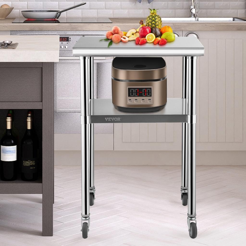 Stainless Steel Prep Table, 24 x 24 x 36 Inch, 600lbs Load Capacity Heavy Duty Metal Worktable with Adjustable Undershelf & Universal Wheels,