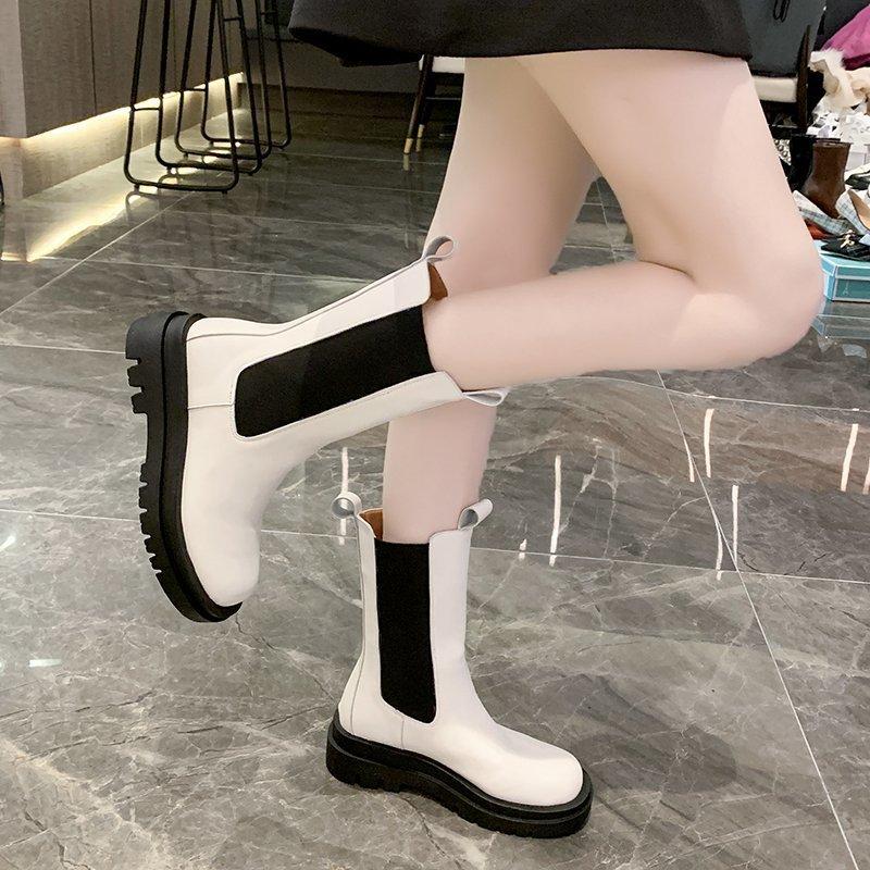 Women's thick-soled short boots, autumn new medium tube thin boots, round head elastic cigarette boots